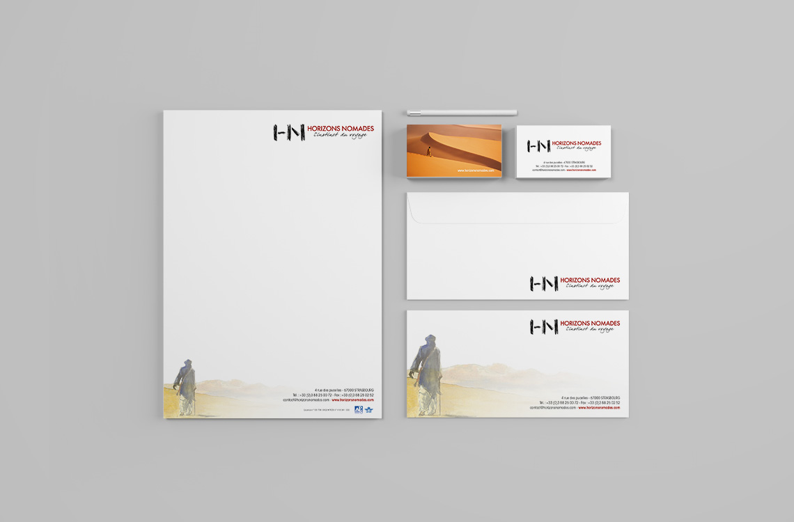 Identité visuelle - outils de papeterie - Horizons Nomades